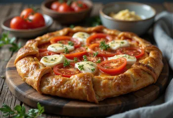 Crostata ve slané verzi s rajčaty a mozzarellou, zdobená čerstvou bazalkou