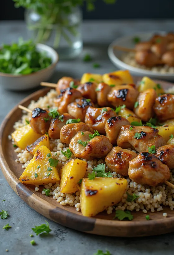 Grilované špízy s masem a ananasem servírované s pitou