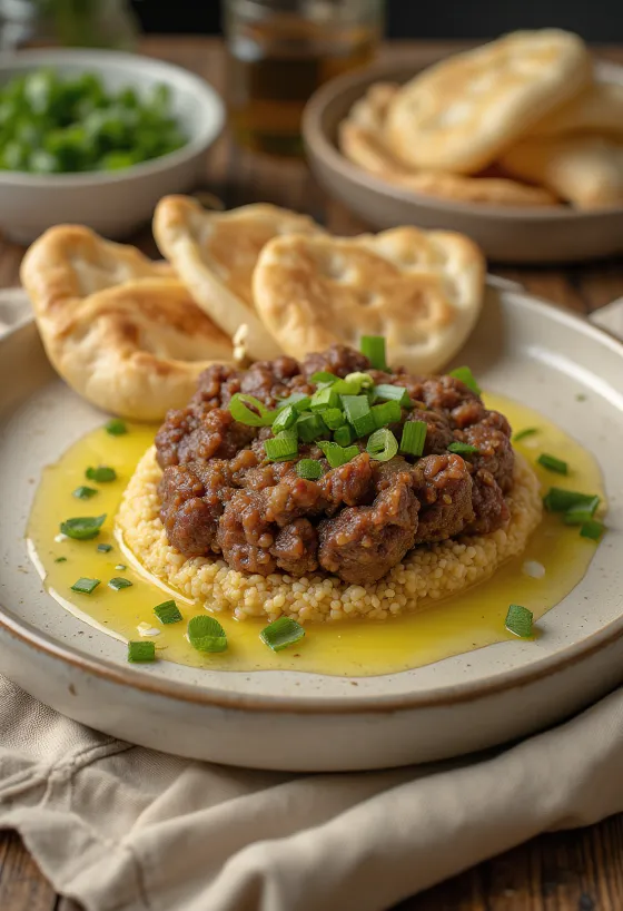 Kibbeh Nayyeh podávané s čerstvým pita chlebem a semínky granátového jablka
