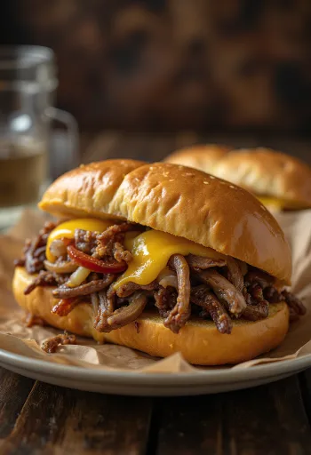 Philly cheesesteak podávaný s hranolky a salátem