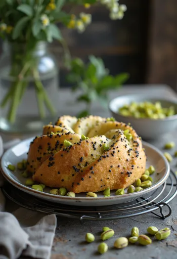 Pistáciový makový dort servírovaný