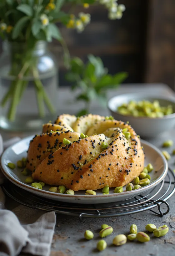 Pistáciový makový dort servírovaný