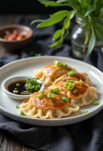 Tofu Gyoza servírovaná s tofu náplní a sójovou omáčkou k namáčení
