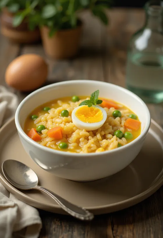 Čerstvé Arroz Caldo se zeleninou, vejcem a koriandrem