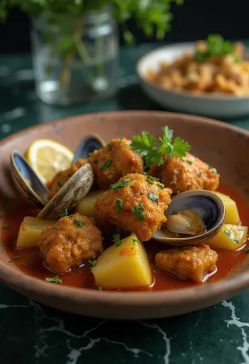 Carne de porco à Alentejana portugalské jídlo servírované