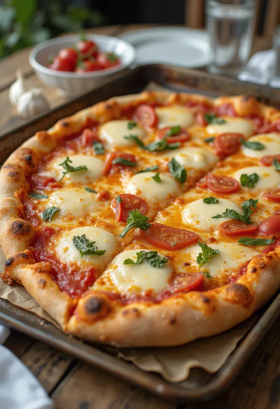 Grandma pizza s obdélníkovým těstem a sýrem