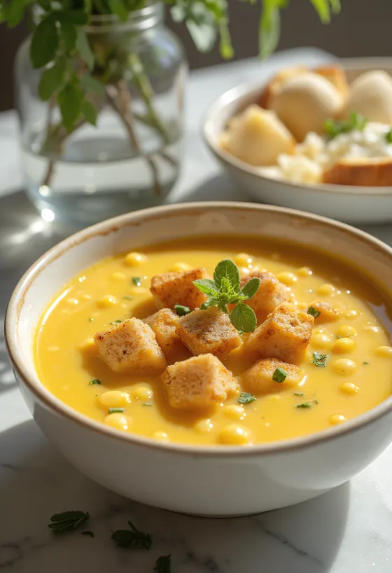 Hrachová polévka podávaná s uzenou klobásou a čerstvou petrželkou