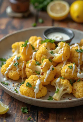 Pečený květák s citronovou tahini omáčkou servírovaný