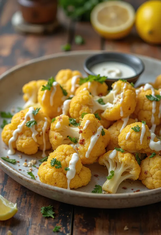 Pečený květák s citronovou tahini omáčkou servírovaný
