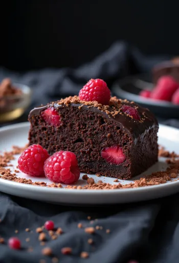 Veganský čokoládovo-malinový dort zdobený čerstvými malinami a strouhanou čokoládou