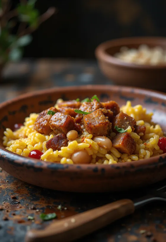 Baião de Dois s carne seca, posypané koriandrem