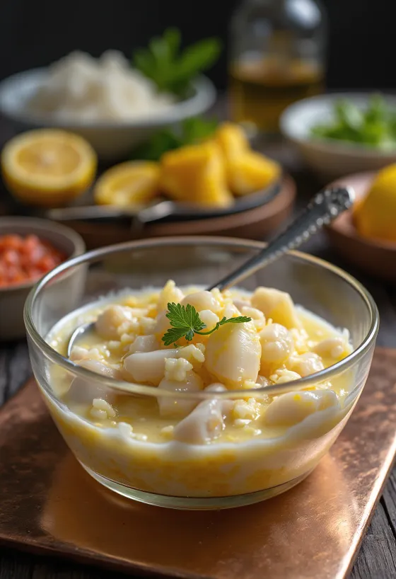 Ceviche s Leche de Tigre podávané s limetkovou šťávou a avokádem