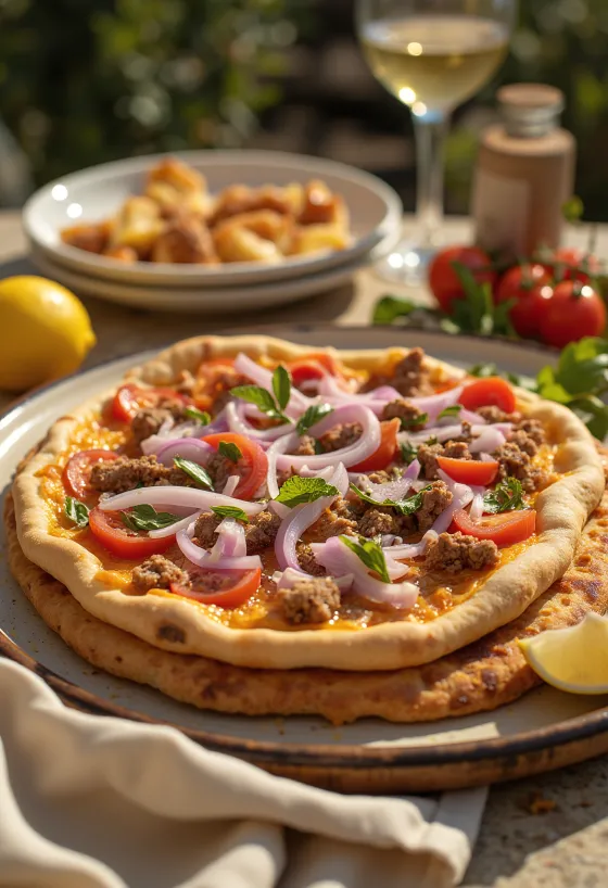 Lahmacun: obloha z mletého masa na tenkém těstě, servírovaná s čerstvou zeleninou a citronem