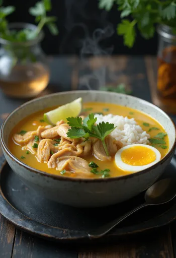 Žlutá kuřecí polévka Soto ayam s rýží a vejcem