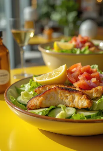 Čerstvý kuřecí salát s křupavou zeleninou a grilovaným kuřecím masem, s dresinkem z balzamikového octa.