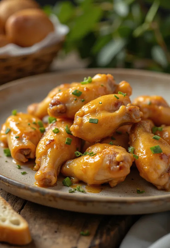 Kuřecí křídla s medovo-hořčičnou omáčkou servírovaná