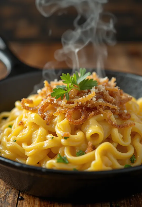 Käsespätzle, rakouské sýrové těstoviny s uzenou šunkou a smaženou cibulkou