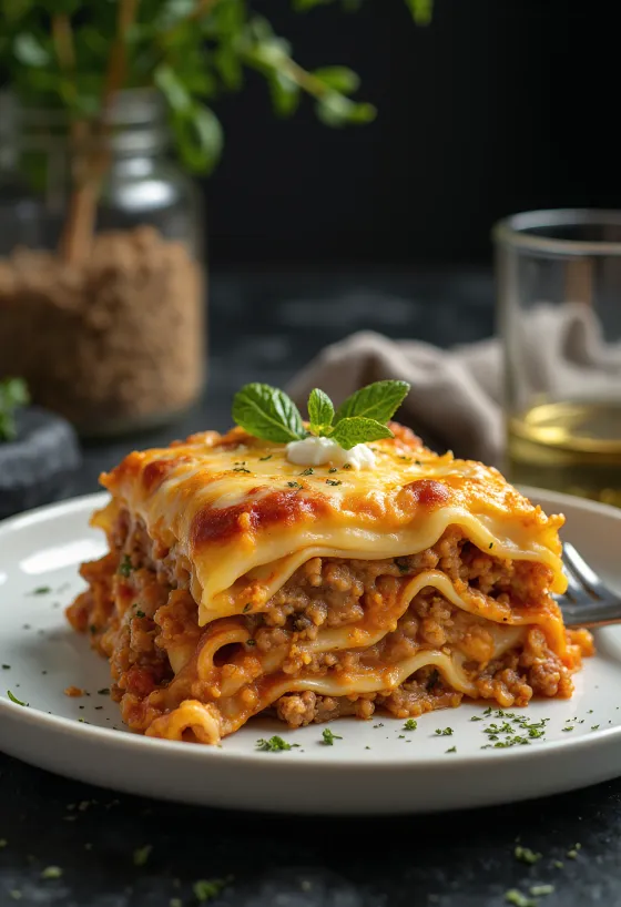 Italské lasagne vrstvené se šťavnatým mletým masem s rajčaty a krémovým bešamelem