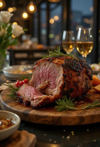 Pečený divočák s medovou glazurou podávaný s pečenou zeleninou.