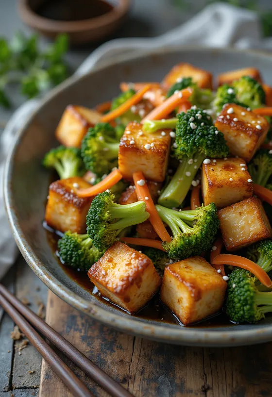 Pečené tofu s brokolicovým salátem servírované