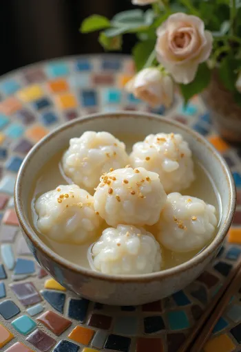 Sezamový tangyuan, čínská sladkost s rýžovými kuličkami a sezamovými semínky