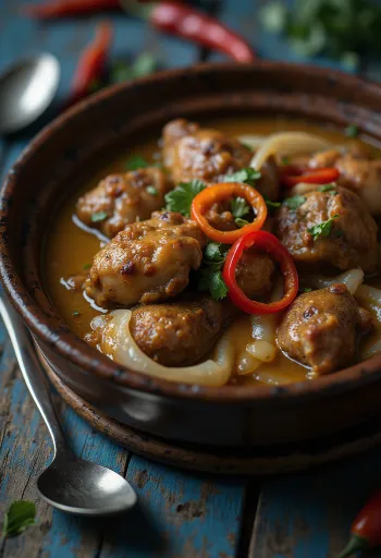 Adobo s kokosovým mlékem podávané s rýží a čerstvým koriandrem