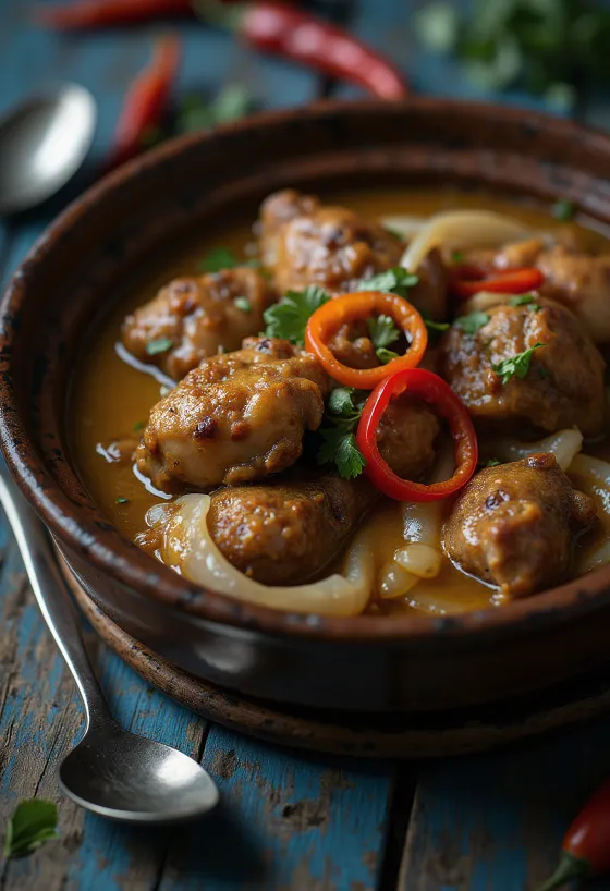 Adobo s kokosovým mlékem podávané s rýží a čerstvým koriandrem