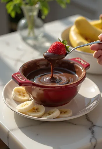 Horké čokoládové fondue podávané s ovocem a kousky piškotu.