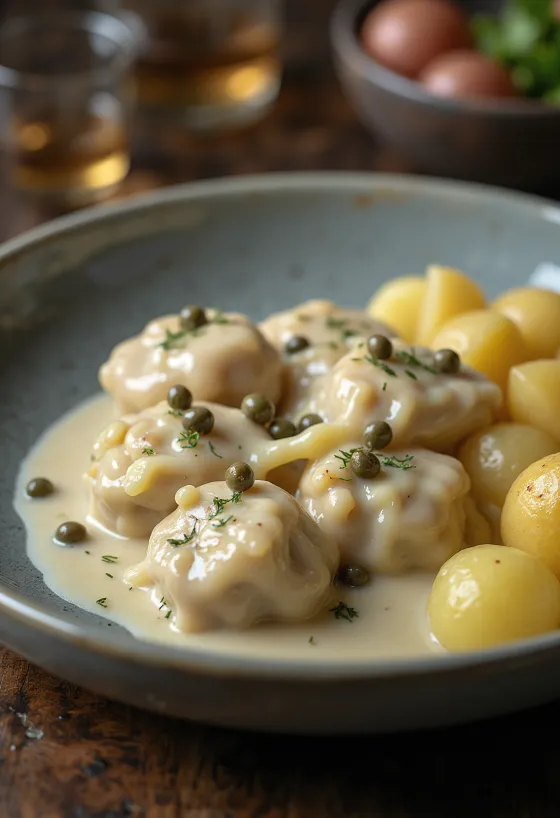 Königsberger Klopse podávané s kaparovou omáčkou