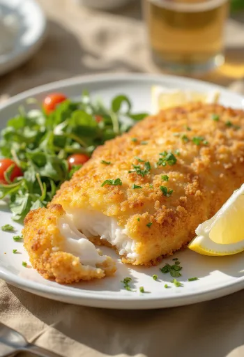 Křupavé smažené rybí filé usmažené dozlatova, podávané s čerstvými kolečky citronu a zeleninou.