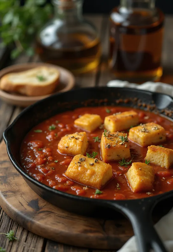 Pečené tofu s pikantní rajčatovou omáčkou servírované