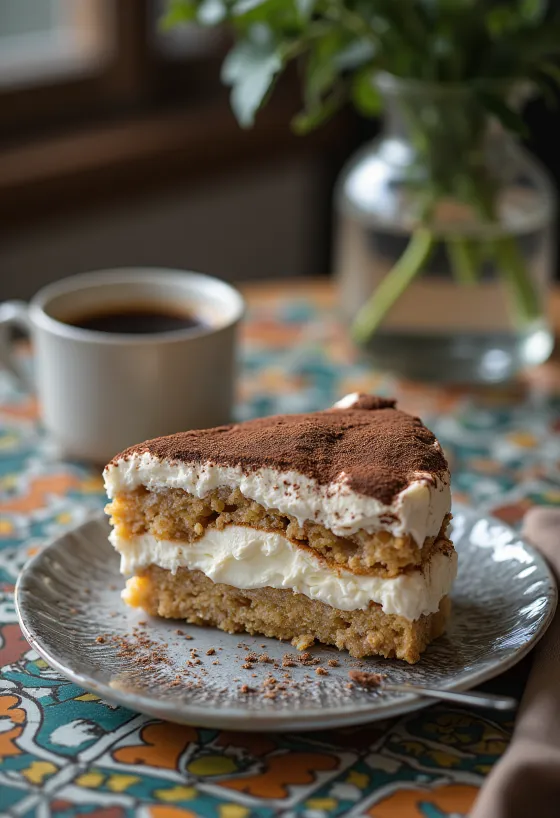 Krémový dort tiramisu s vrstvami kávových piškotů a krémem z mascarpone, posypaný kakaem