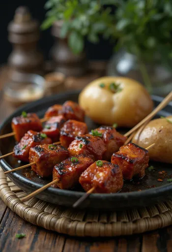 Anticuchos špízy podávané s grilovanou zeleninou