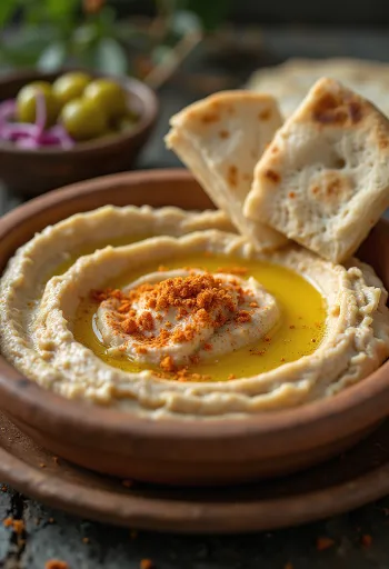 Hummus s hedvábnou texturou, pokapaný olivovým olejem, podávaný s pitou