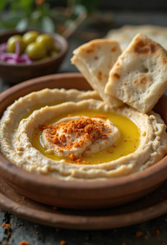 Hummus s hedvábnou texturou, pokapaný olivovým olejem, podávaný s pitou