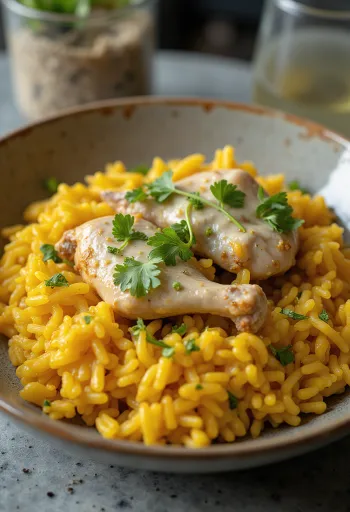 Mandi s jogurtem servírované, s kořeněným kuřecím masem a rýžovou přílohou