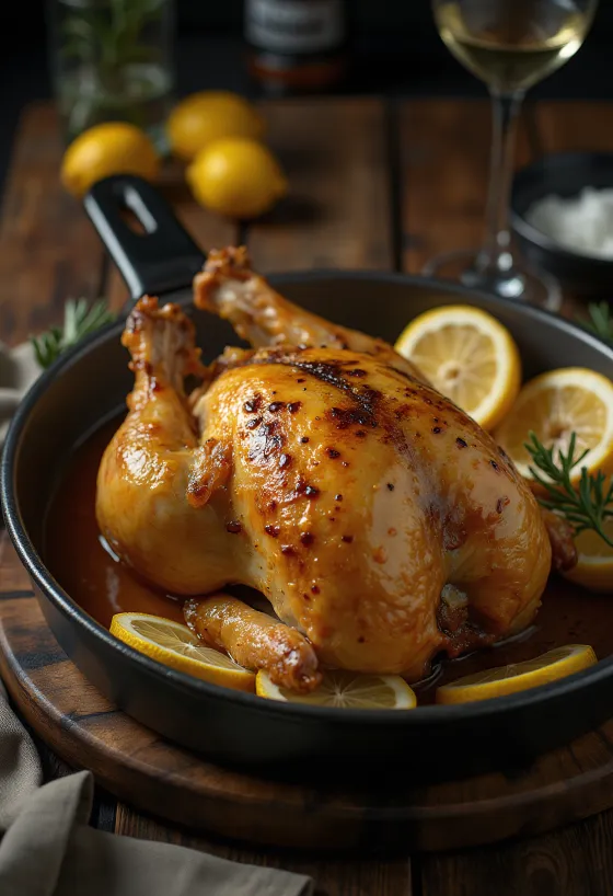Pečená perlička s citronovou glazurou podávaná se zeleninou.