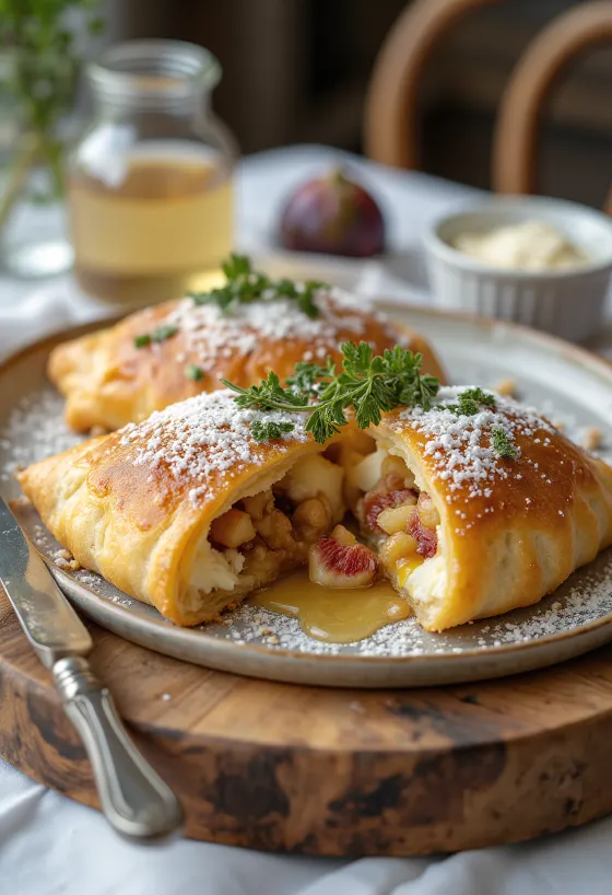 Calzone s kozím sýrem a medem při podávání