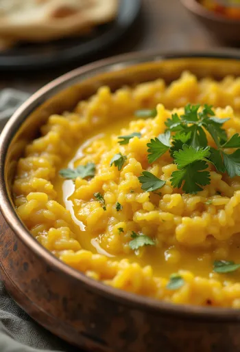 Khichdi s čočkou moong dal, ozdobené čerstvým koriandrem