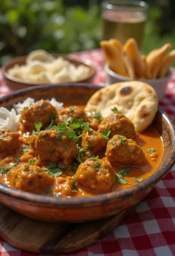 Jehněčí kari na způsob Balti, kořeněné jehněčí kari podávané s koriandrem