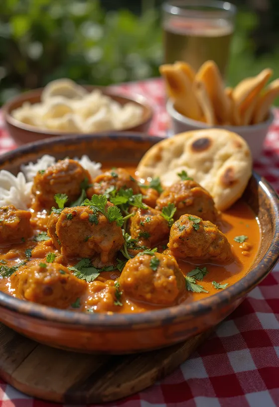 Jehněčí kari na způsob Balti, kořeněné jehněčí kari podávané s koriandrem