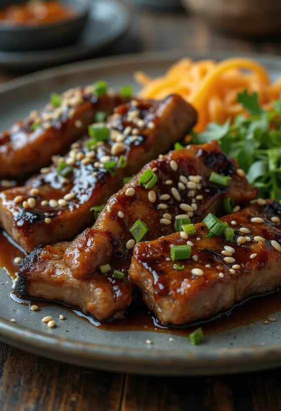 Pečená žebra Miso galbi se sezamem a koriandrem na talíři