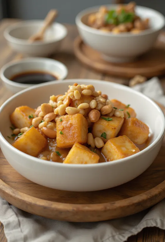 Pečené tofu v arašídové marinádě servírované