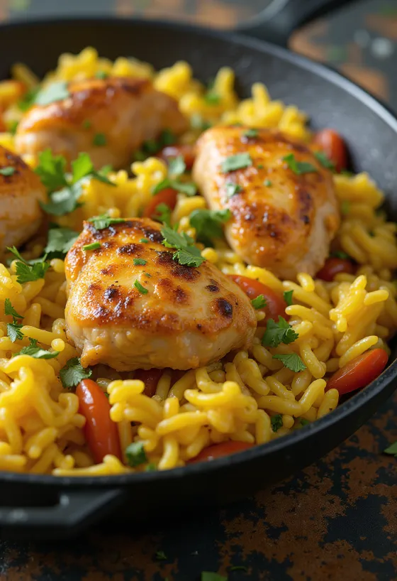 Arroz con Pollo, kořeněné kuře s rýží podávané s koriandrem