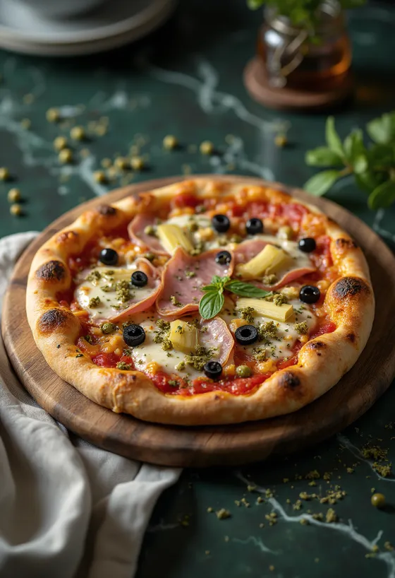Pizza Capricciosa s olivami a kapary podávaná