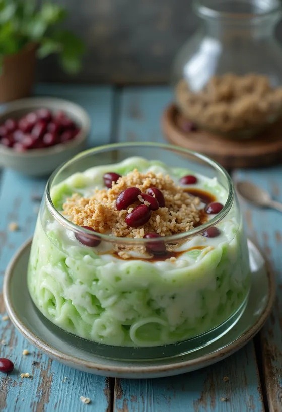 Cendol s červenými fazolemi, zdobený čerstvým kokosovým mlékem a listem pandánu