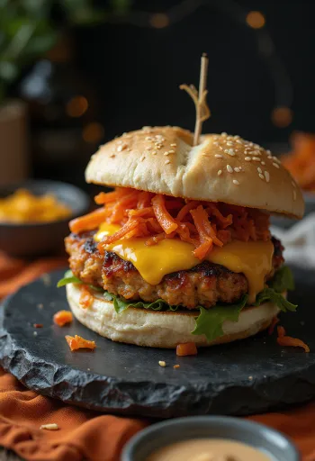 Čerstvě připravený kuřecí fusion burger s kimchi, mango chutney a omáčkou hoisin