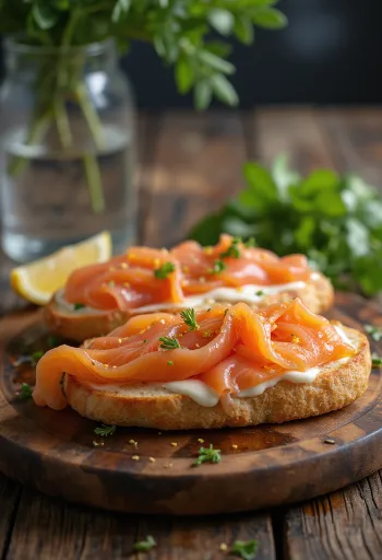 Focaccia s uzeným lososem a koprem, servírovaná