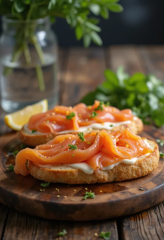 Focaccia s uzeným lososem a koprem, servírovaná