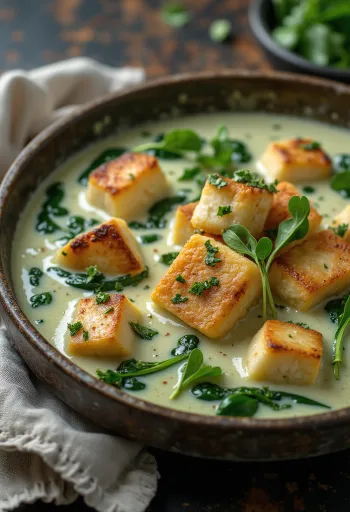 Pečené tofu ve špenátové omáčce servírované